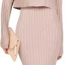 ANRABESS Women's 2 Piece Outfits Sweater Skirt Sets Casual Long Sleeve V Neck Ribbed Knit Tops Midi Dress 2025 Fall Fashion Beige Large