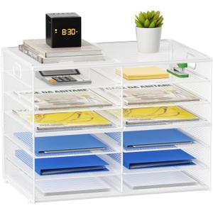 Lavatino 12 Compartments Paper Organizer for Desk, Mesh Literature Organizer, Mail File Sorter Tray with Handle, Desktop Mailbox for Office Classroom Home - White