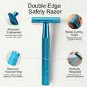 3 x Double Edge Safety Razor, Single Blade Razors for Men and Women, with 10 Stainless Steel Safety Razor Blades, Smooth and Close Wet Shaving, Plastic Free, Blue