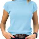 Saodimallsu Womens Short Sleeve Sweater Mock Neck Summer Casual Basic Knit Slim Fitted Pullover Tops Shirt (Blue)