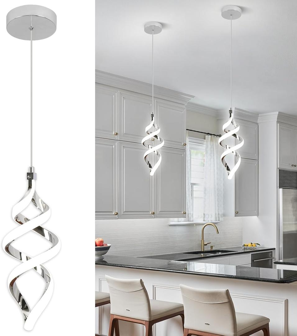 Modern Led Pendant Light Fixture, 15W Chrome Spiral Led Chandelier Hanging Lamp, 4500K Daylight White Pendant Lamp, Adjustable Height Pendant Light for Kitchen Dining Room Bedroom Kitchen Island Cafe