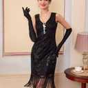 1920s Dresses for Women, Sequin Fringed Gatsby Flapper Cocktail Dresses with 20s Accessories Set, Roaring 20s Costumes (Black)