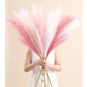 9 Pcs 45" Pampas Grass Tall Pink White Decor Faux Dried Fluffy Fake Long Light Pink Pompas Artificial Pompous Stems Bouquet Flower Vase Filler Home Wedding Room Wall Decoration