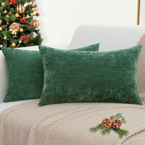decorUhome Chenille Christmas Green Throw Pillow Covers 12x20 Inch Set of 2, Decorative Soft Couch Pillow Covers Solid Dyed Accent Farmhouse Neutral Rectangle Pillow Cases for Sofa