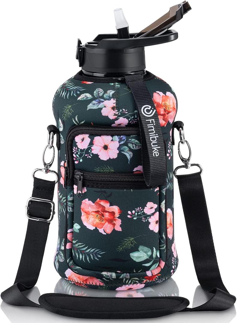 Fimibuke Half Gallon Water Bottle with Sleeve 64 OZ Water Bottle with Handle & Straw Leakproof Motivational Sports Gym Water Bottle with Time Marker BPA Free Water Jug with Reusable Neoprene Holder (A2.Retro Rose)