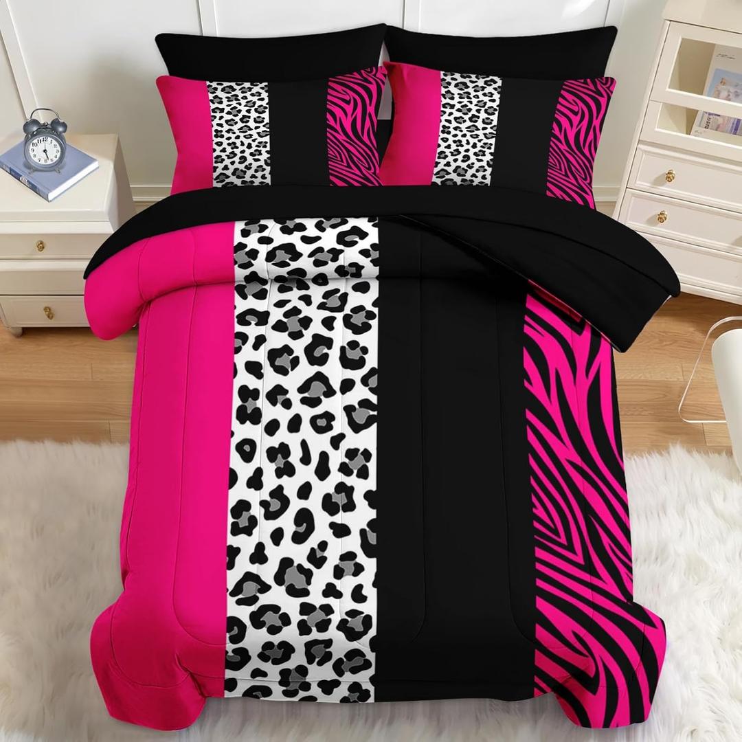 Nesker Comforter Set Full Size, Leopard Color Block Pink 7 Pcs Bedding for Kids and Adults, Wild Zebra Print Bed Sheet Sets with Fitted Sheet 2 Pillowcases & 2 Shams