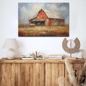 Rustic Canvas Wall Art Old Barn Textured Painting Vintage Farmhouse Wall Decor Pictures For Living Room 36 x 24 Inch (35.4L" x 23.6W", FH02)