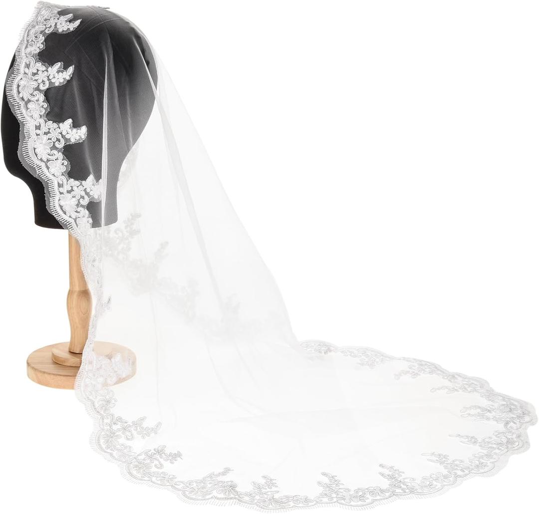Merroyal First Holy Communion Veil Floral and Lace Veil for Girls,White,37 Inches