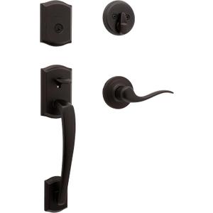 Kwikset Prescott Front Door Lock Handle and Deadbolt Set, Entry Handleset Exterior with Interior Reversible Lever, Venetian Bronze, Pick Resistant SmartKey Rekey Deadbolt Security
