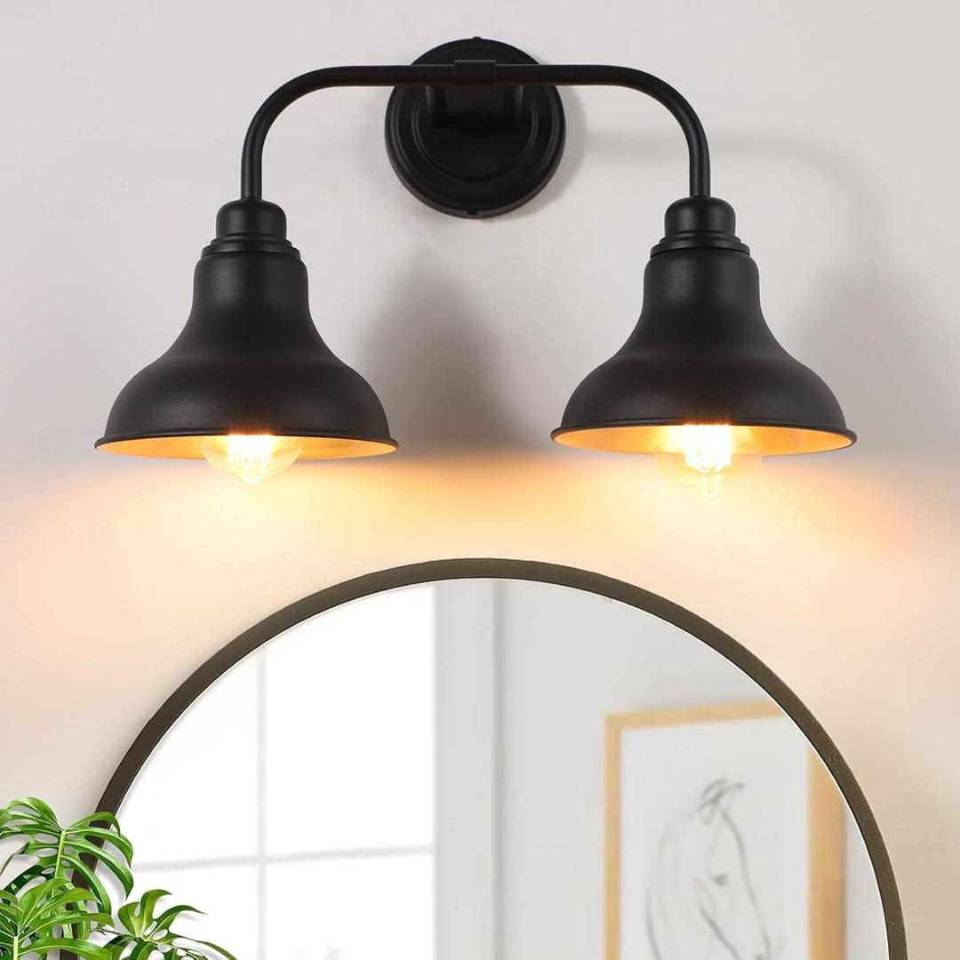 18" Black Bathroom Light Fixtures, 2 Light Farmhouse Vanity Light Over Mirror, Indoor Industry Wall Sconce Lighting, Rustic Bathroom Lighting with Metal Shades, BD017-2-BK