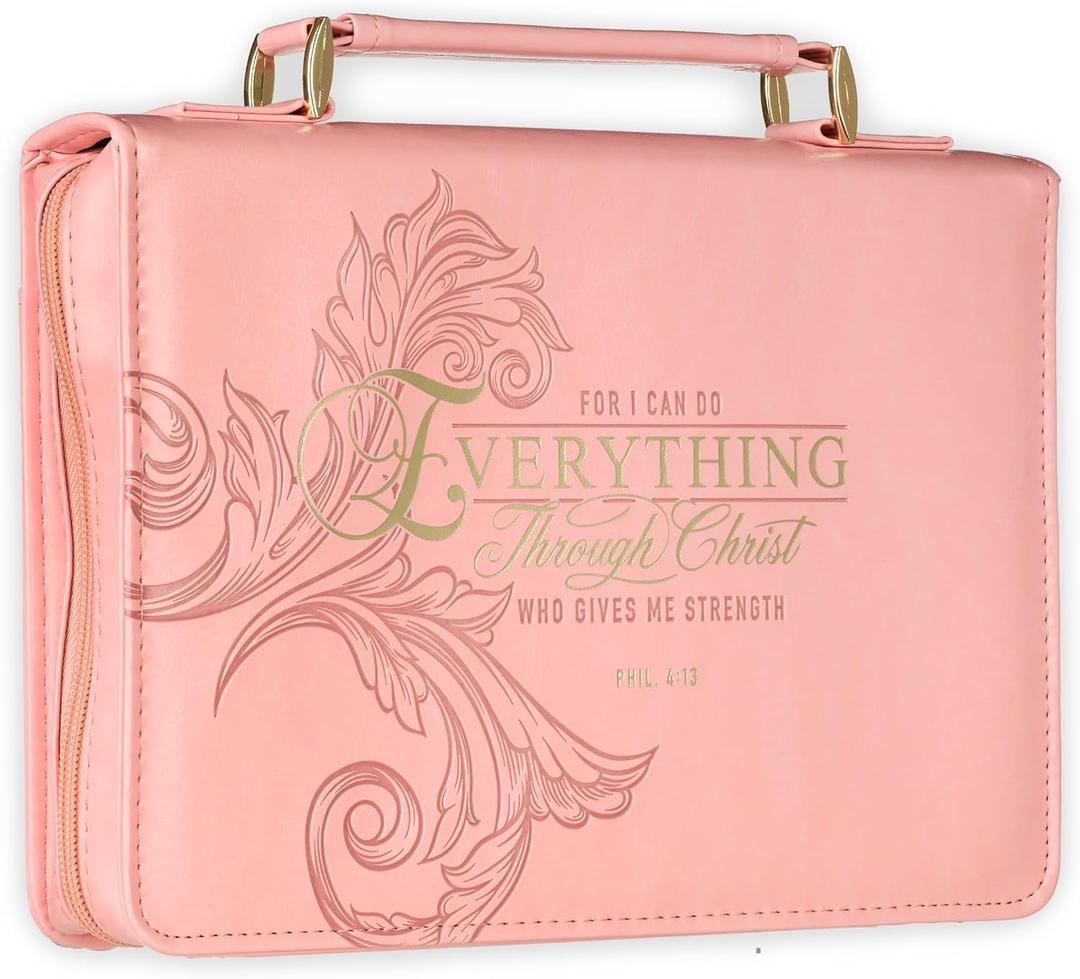 Christian Art Gifts Pink & Gold Floral Faux Leather Fashion Bible Cover for Women: Everything Through Christ - Phil. 4:13 Inspirational Scripture w/Sleeves, Pocket, Pen Loops to Organize, Pink, Large