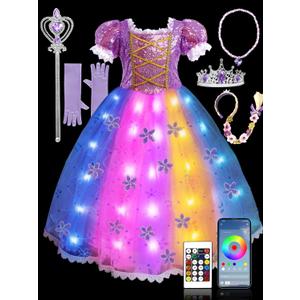 Princess Costume for Girls, RGB Light Up Princess Dress Up Syncs Music App Control with Accessories  (5-6 Years, Rgb+Pink Purple)