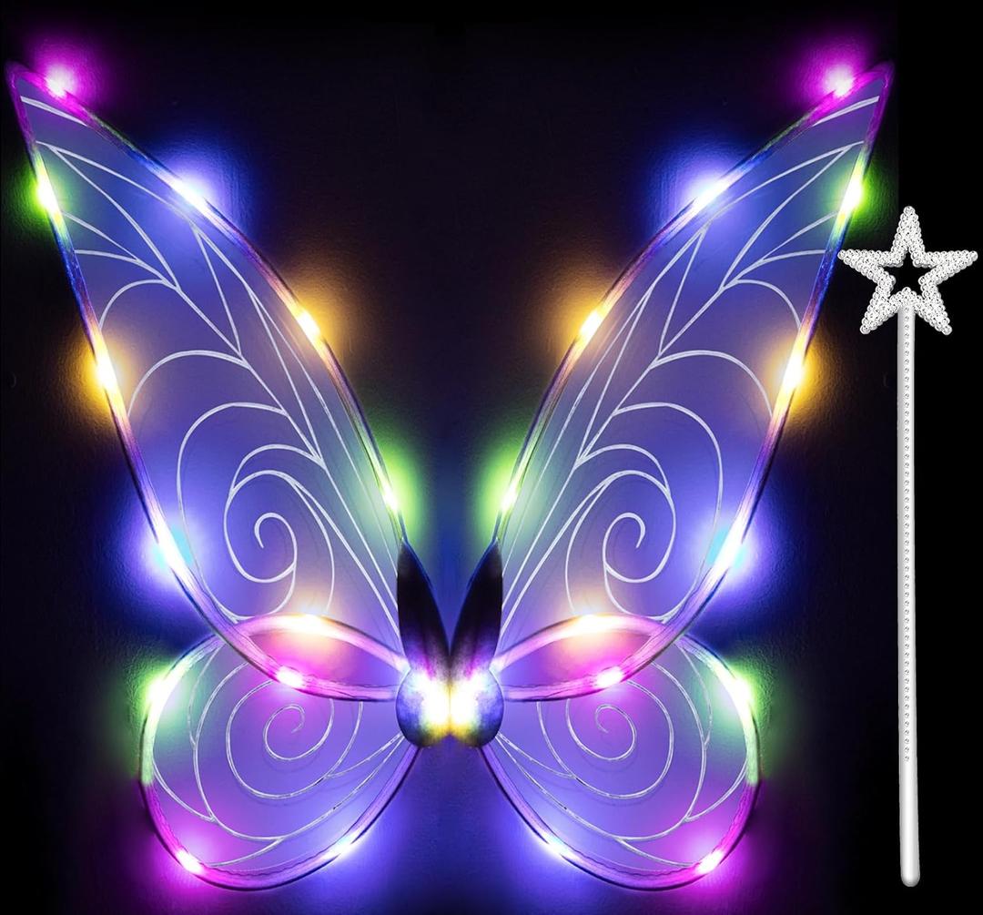 quescu Fairy Wings for Girls,Light up Butterfly Wings for Adults,LED Fairy Costume for Women Halloween Dress Up Party Favor (White - Colore Light)