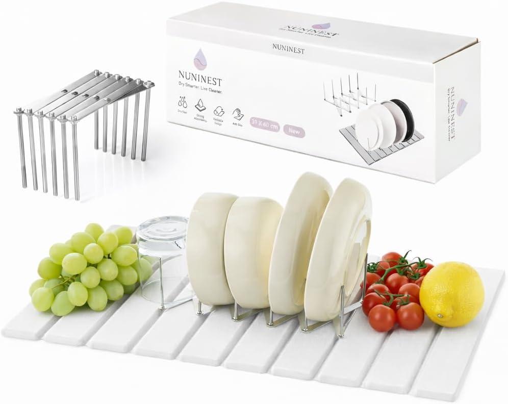 Diatomaceous Stone Dish Drying Mat with Collapsible Steel Rack - Quick Dry Kitchen Counter Set, Space Saving Foldable Dryer, 23.6" x 15.3"