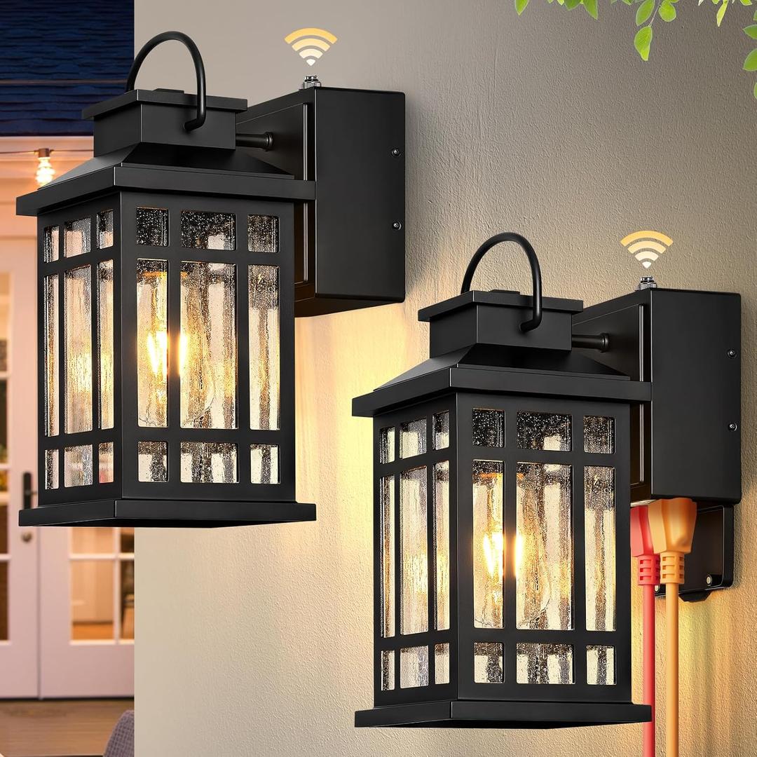 Outdoor Wall Light Fixtures with GFCI Outlet, Black 2-Pack Dusk to Dawn Outside Lighting Fixture, Waterproof Anti-Rust Exterior Lights Fixtures, Porch Light for Front Door, Garage, Backyard D2D 