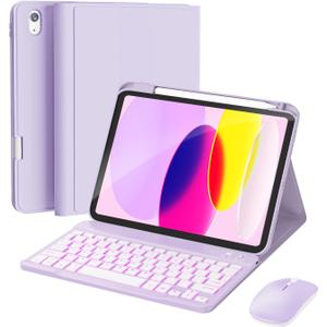 RAYMCRAFT for iPad 11th (A16, 2025) / 10th Generation Case with Keyboard, Mouse and Detachable Wireless Keyboard, 7-Color Backlight, Slim Case with Pencil Holder, Light Purple