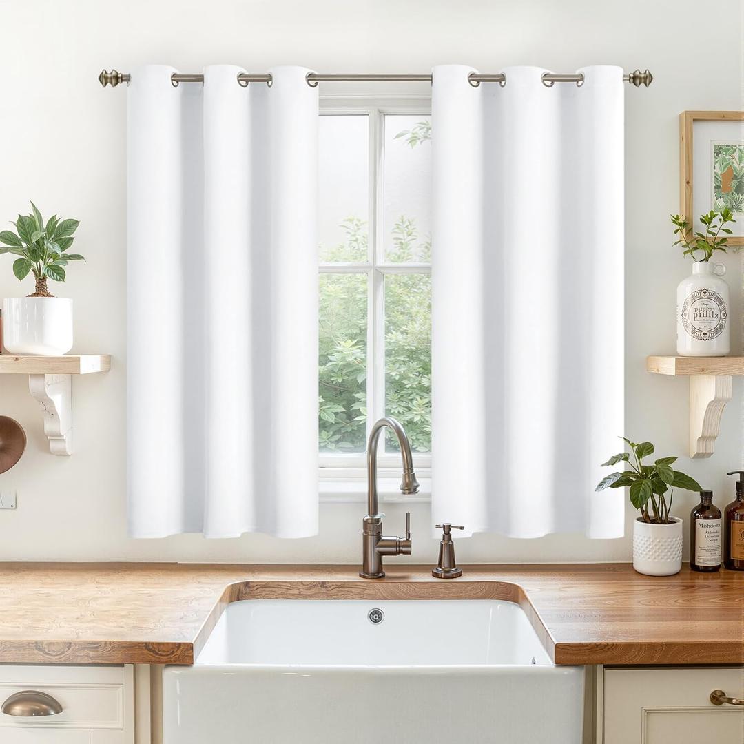 YoungsTex White Curtains 40 Inches Long for Kitchen Window - Grommet Top Short Drapes for Bathroom No See Through Privacy, 2 Panels, 42 x 40 Inch