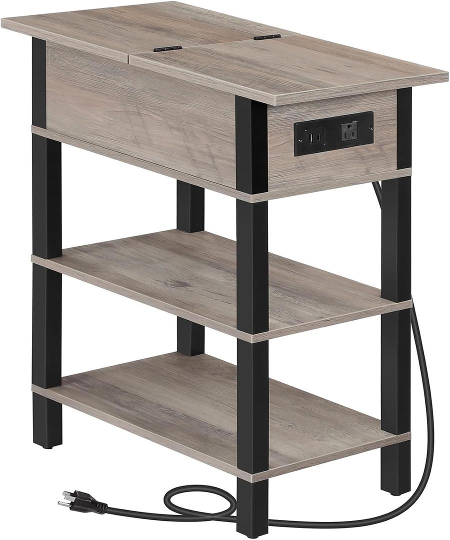 HOOBRO End Table with Charging Station, Flip Top Side Table with USB Ports, Narrow Nightstand Bedside Tables with Storage Shelves, for Small Space, Living Room, Greige and Black BG141UBZ01, 18.5"D x 11"W x 25.5"H