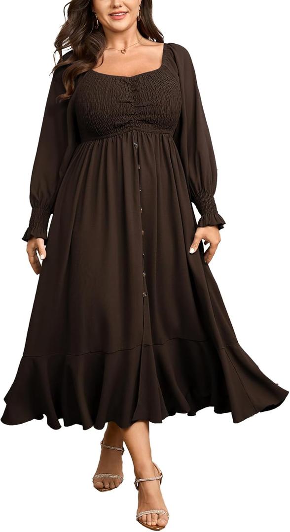 CICIDUDU Plus Size Smocked Casual Maxi Dress for Curvy Women Long Sleeve Sweetheart Neckline Fall Dresses Button Down (Brown, XL)