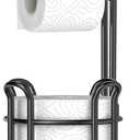 TomCare Toilet Paper Holder Stand with Shelf Free Standing Toilet Paper Roll Holder with Toilet Paper Dispenser Sturdy Metal Tissue Holder Storage Shelf for Bathroom Black
