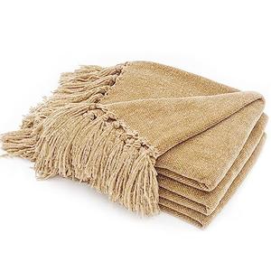 RECYCO Throw Blanket Soft Cozy Chenille Throw Blanket with Fringe Tassel for Couch Sofa Chair Bed Living Room Gift (Beige, 50" x 60")