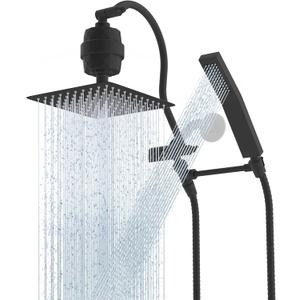 Hibbent All Metal 10'' Filtered Rainfall Shower Head Combo, High Pressure Handheld Shower Wand, 12'' Adjustable Extension Arm, 20 Stage Shower Filter, 71'' Hose, Shower Head Holders, Matte Black