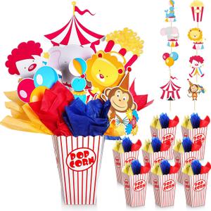 6 Sets Circus Carnival Party Centerpieces Decorations Circus Theme Table Toppers with Popcorn Box Circus Carnival Cutouts and Sticks for Carnival Party Birthday Decor Supplies
