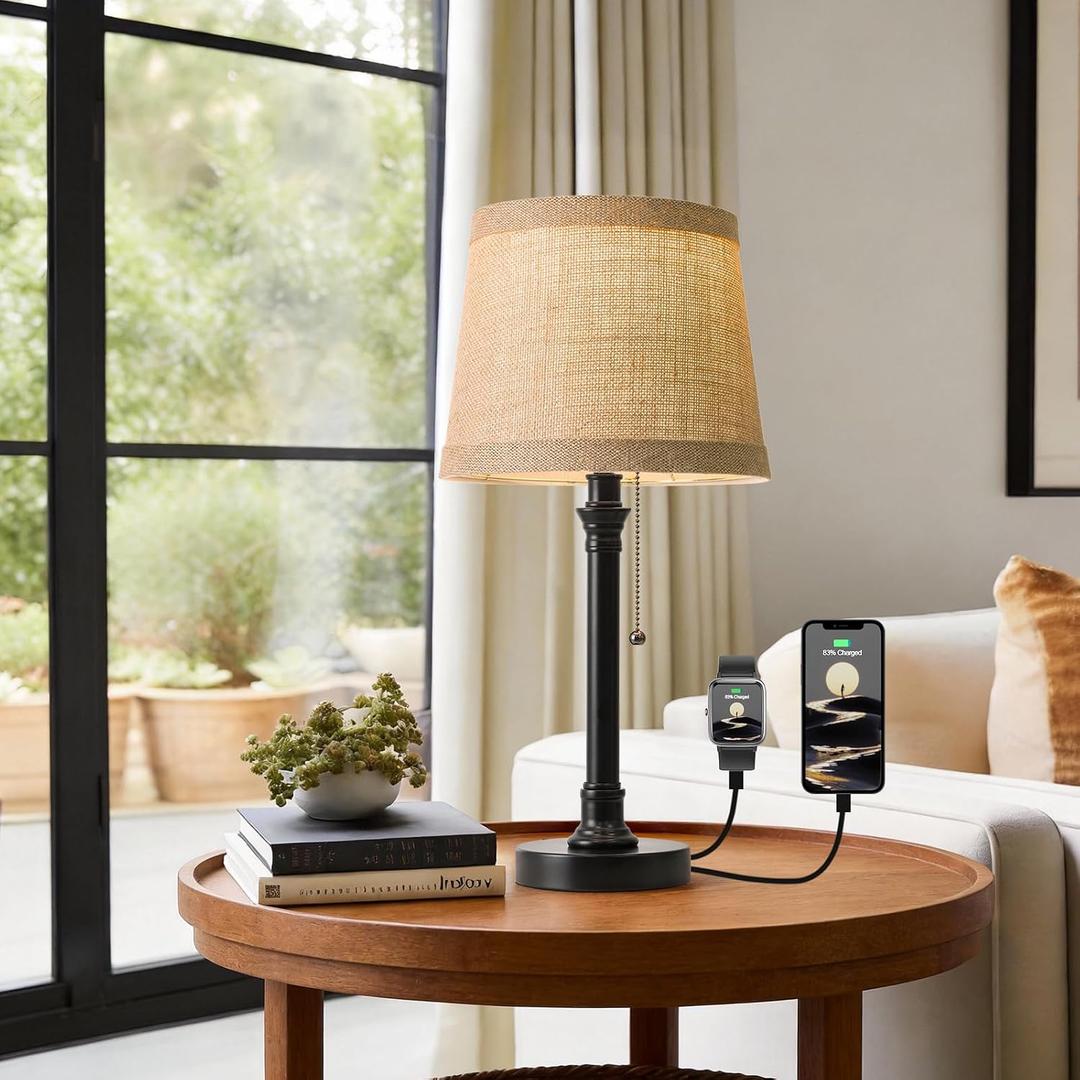 Oneach 19.5" Small Table Lamp with USB A+C Charging Ports, Black Modern Rustic Bedside Lamp with Natural Shade, Black Metal Pull Chain Desk Lamps for Living Room, Bedroom, Nightstand