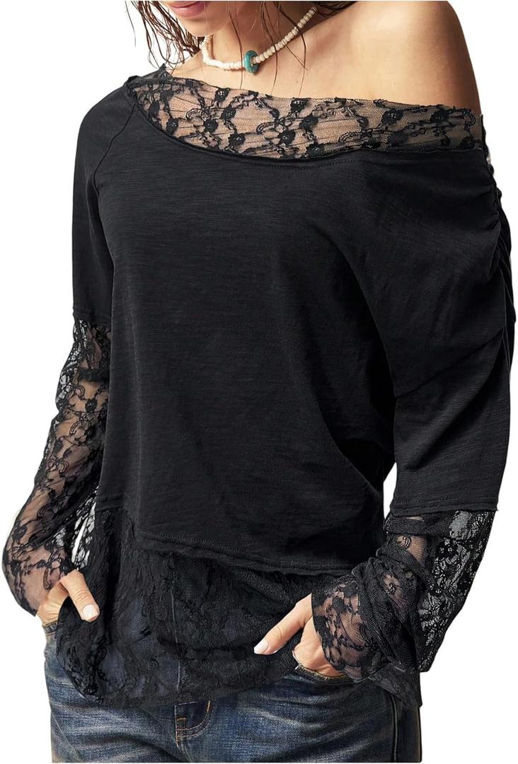 SHENHE Women's Plus Size Off The Shoulder Lace Shirt Long Sleeve Casual Going Out Top Tee Black XX-Large Plus