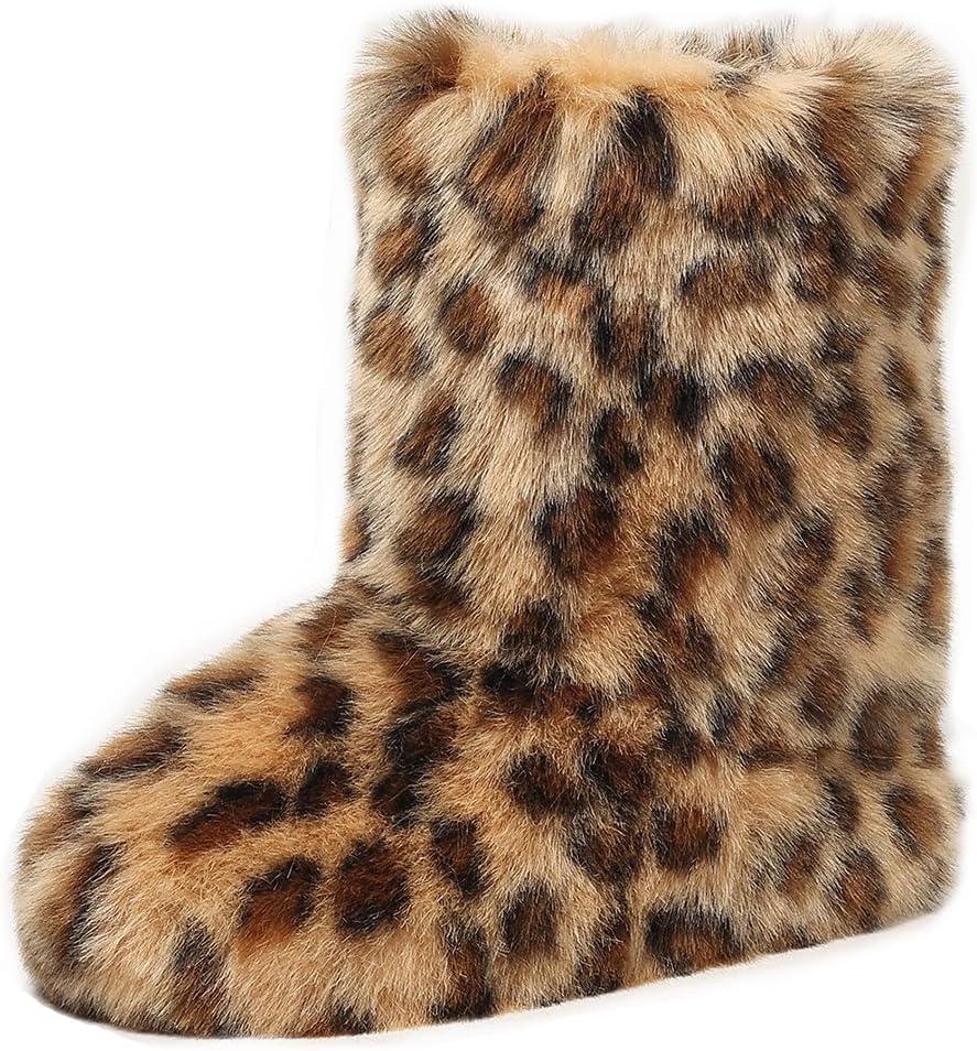 yamerbo Women's Faux Fur Boots Furry Fuzzy Fluffy Y2k Winter Snow Shoes Puffy Warm Short Mid-Calf Boots for Outdoor-Brown (8)