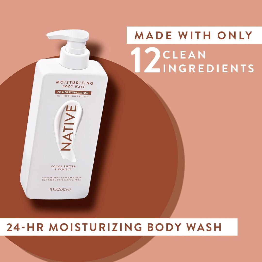 Native Moisturizing Body Wash Contains Naturally Derived Ingredients | for Women & Men, Sulfate, Paraben, & Dye Free Leaving Skin Soft & Hydrated | Cocoa Butter & Vanilla 18 oz
