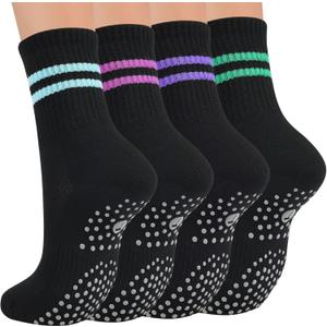 Toes Home Pilates Socks for Women with Non Slip Grippers, Yoga Crew Socks for Barre Hospital Sticky Slipper Socks 4 Pairs