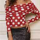WDIRARA Women's Mesh Polka Dots Off Shoulder Crop Top Ruched Long Sleeve Slim Fit Sheer Tee Shirt (Red)