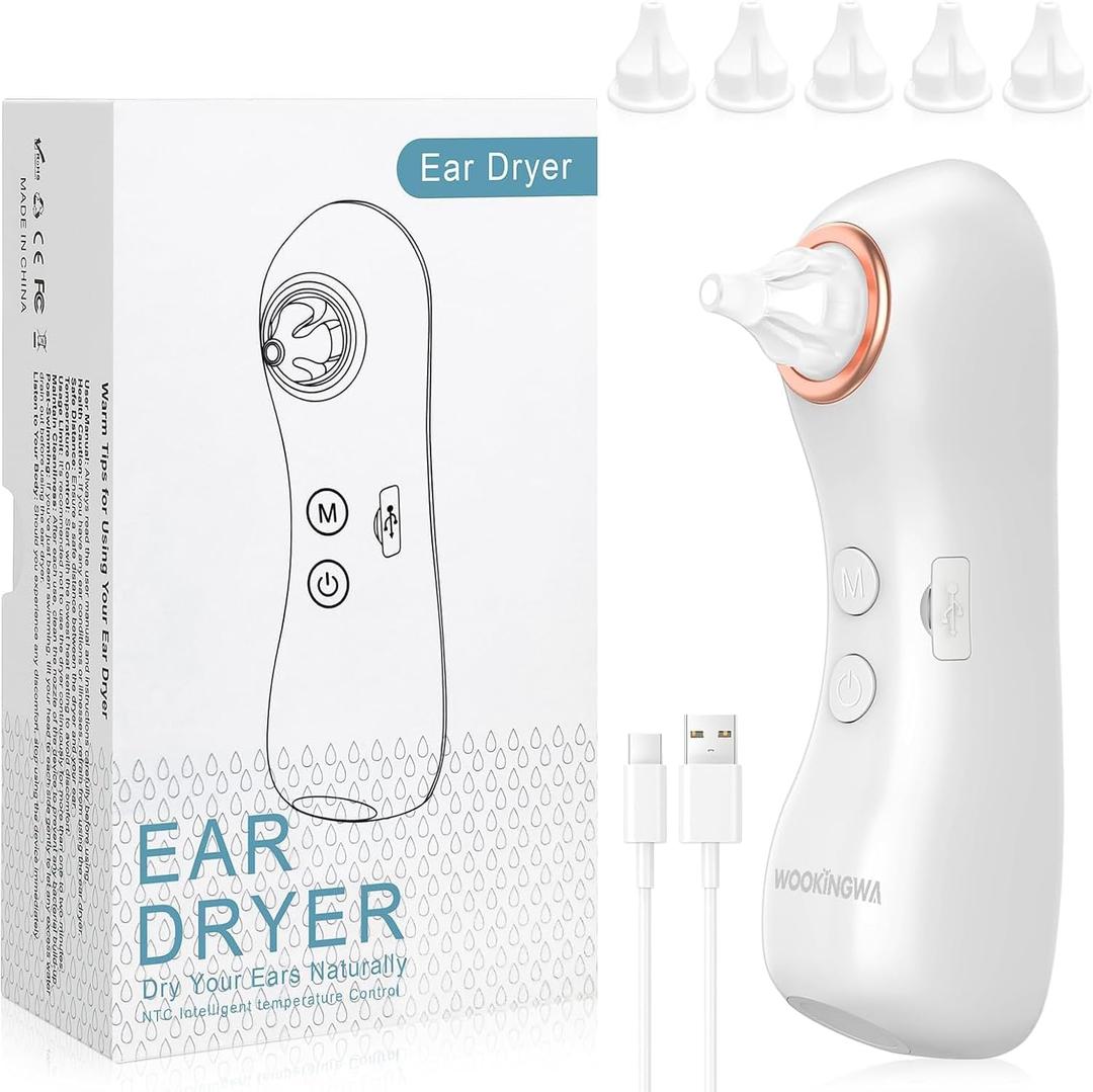 Ear Dryer, Rechargeable Ear Water Remover with Light, Electronic Warm Air Ear Drying Device for Swimming, Showering, Surfing, Diving, Hearing Aid Use (Ear Pressure Relief Device with 3 Tips)