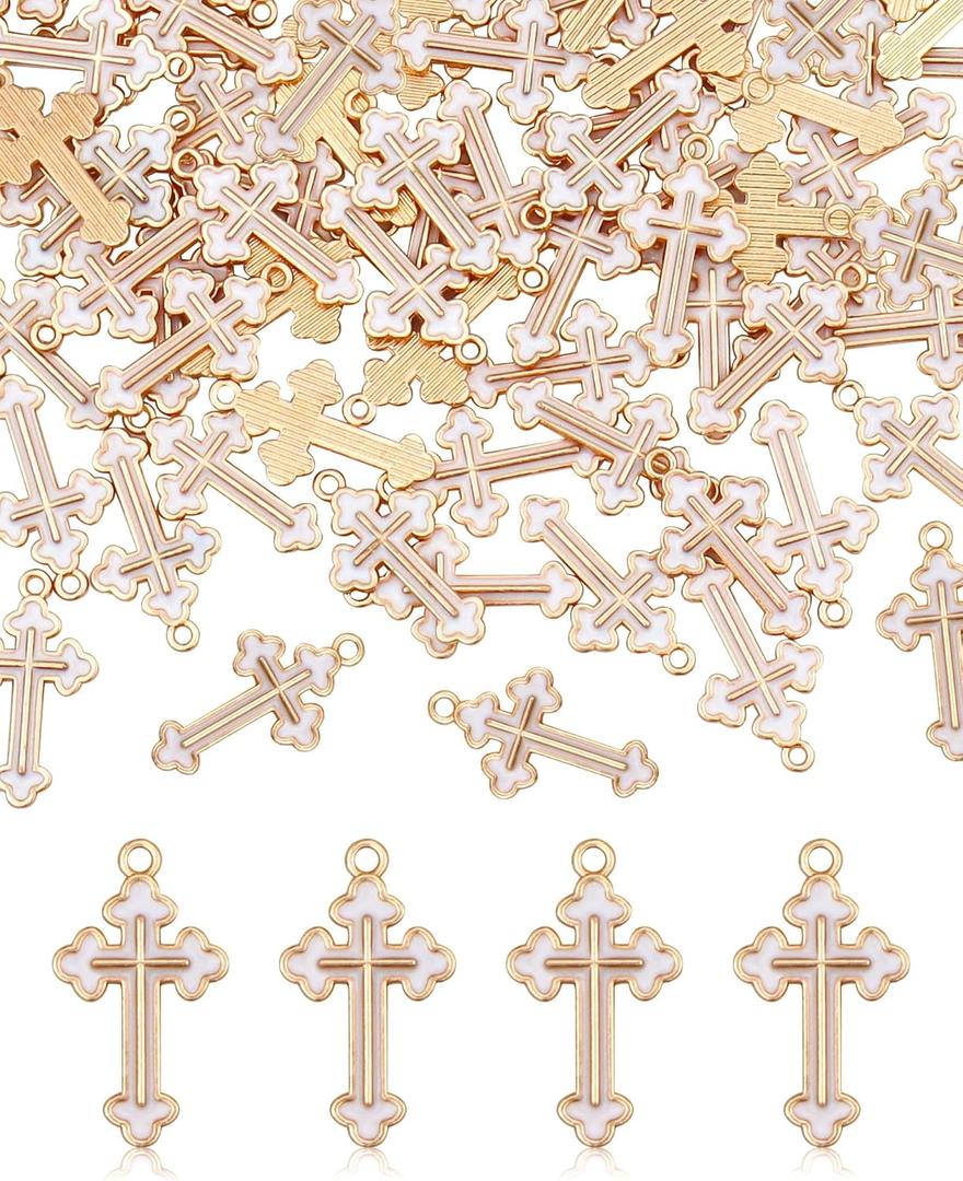 YETOOME 100 Pcs Alloy Enamel White Cross Pendants Gold Plate Cross Dangle Charms for Necklace Bracelet Jewelry Making DIY Crafting