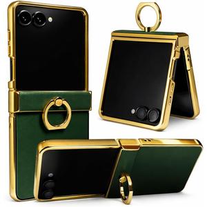 Genuine Leather Case for Samsung Galaxy Z Flip, Military-Grade Drop Protection, Hinge Protection Cover with Ring Kickstand, Gold Trim (Green, Z Flip7)