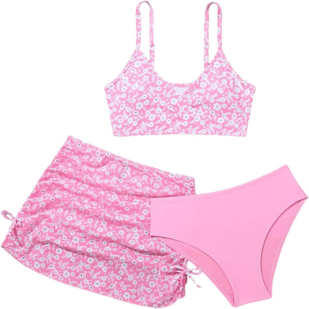 QJQ Girl's 3 Piece Floral Swimsuit Cute V Neck Bikini Set High Waisted Bathing Suit Sheer Mesh Cover Up Skirt (Pink), 16 Years