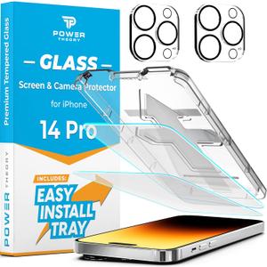 Power Theory Designed for iPhone 14 Pro Screen Protector and Camera Lens Protectors with Easy Install Kit [Premium Tempered Glass], 9H Hardness, (3 Pack)