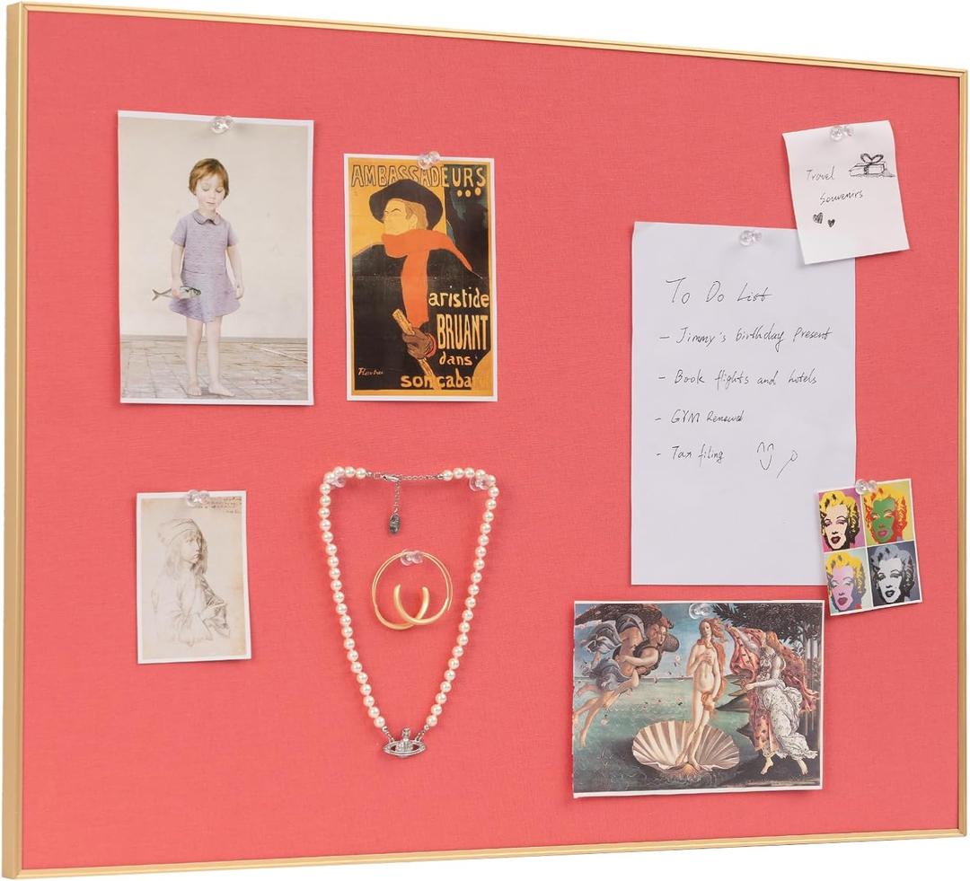 Lightomorrow Bulletin Board 23.6 x 17.7 inches, Coral Red Pin Board, Golden Aluminum Framed Fabric Cork Board with 10 Push Pins