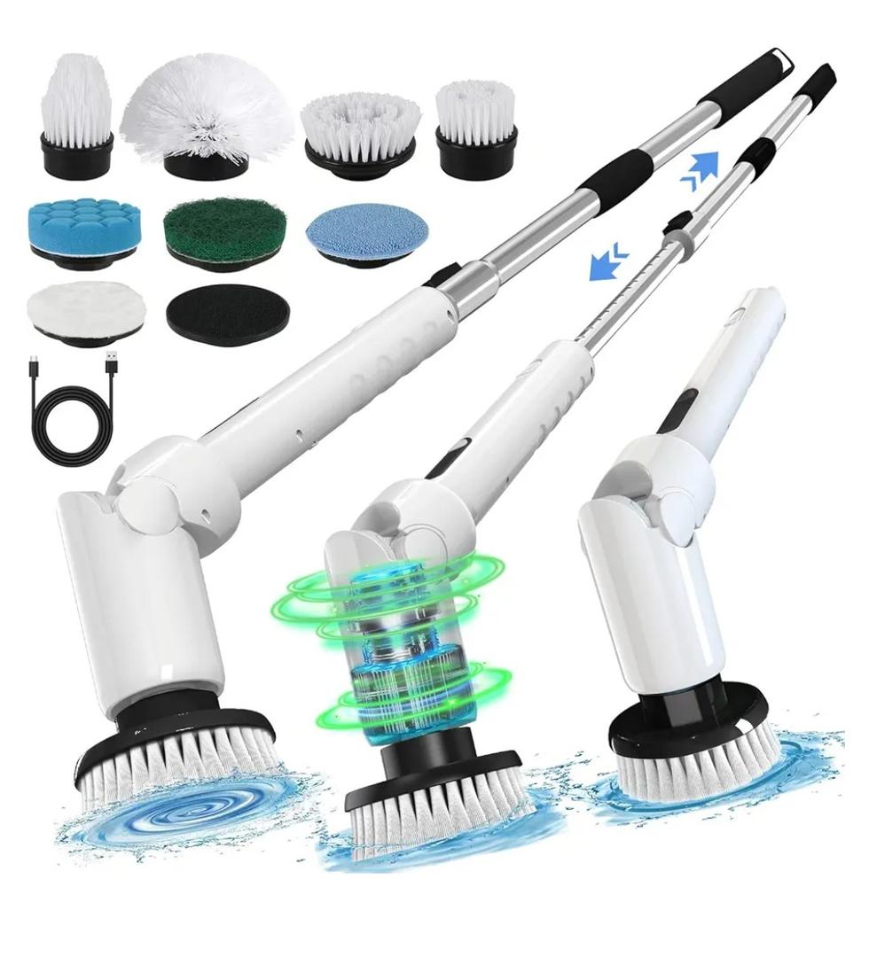 Electric Spin Scrubber - Cordless Cleaning Brush with Digital Display, 2 Speeds, 8 Brush Heads, IPX7 Waterproof, Adjustable Long Handle for Bathroom, Tub, Tile, Shower, and Car