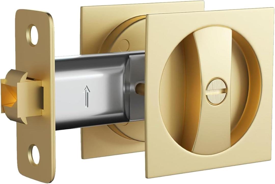 Lethato Pocket Door Hardware Gold, Pocket Door Lock, Pocket Door Latch, Brushed Gold Contemporary Sliding Pocket Door with Privacy Lock for Bathroom & Bedroom (1 Pack, Square)