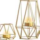 2 Pcs Metal Hexagon Shaped Geometric Design Tea Light Votive Candle Holders, Iron Hollow Tealight Candle Holders for Vintage Wedding Home Decoration, Gold (S + L)