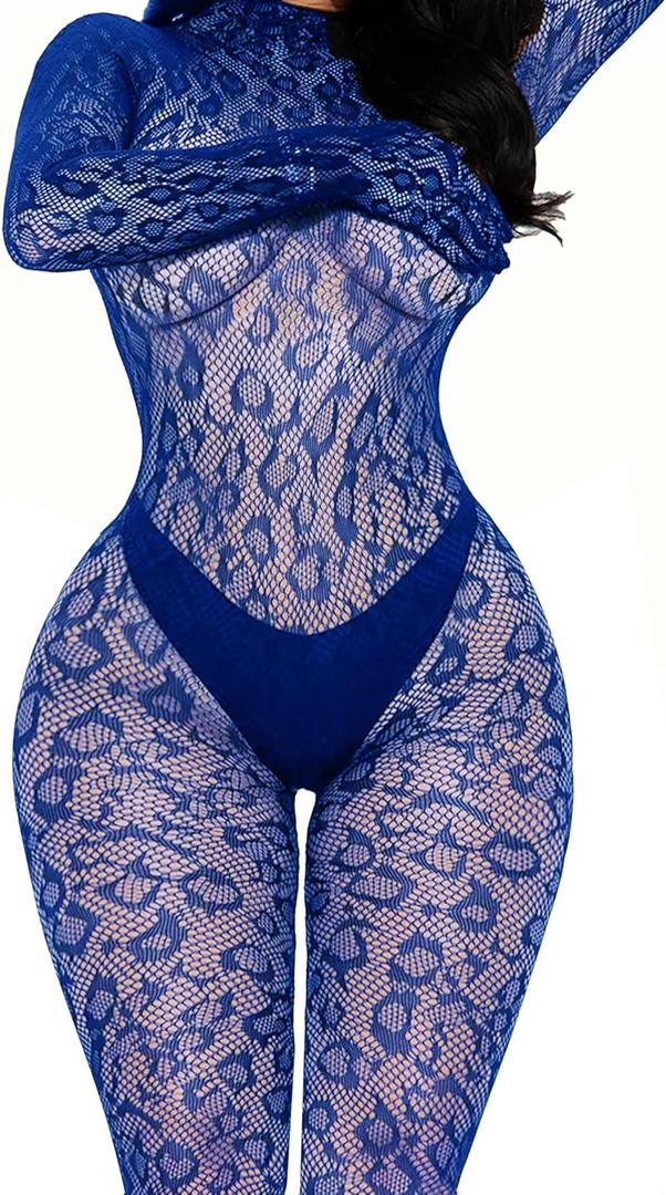 Avidlove Fishnet Stockings for Women One Piece lingerie bodysuit Sexy Rave Outfit Full body Fishnets (Blue)
