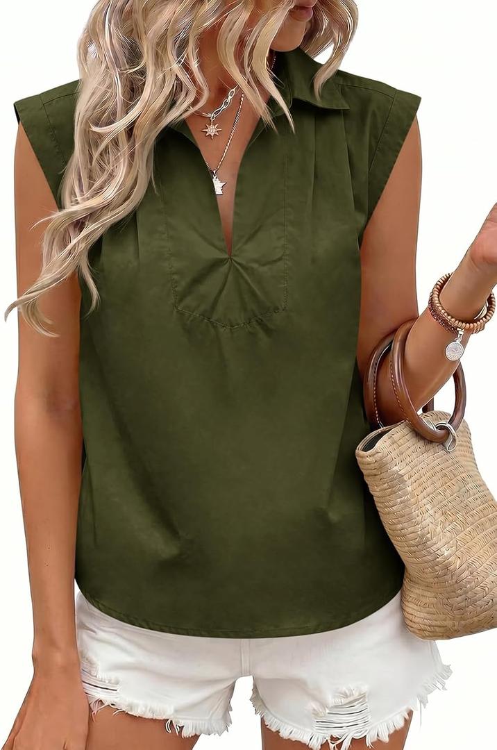 Tankaneo Womens Summer V Neck Tank Tops Collared Sleeveless Shirts Trendy Casual Loose Fit Blouse (Green)