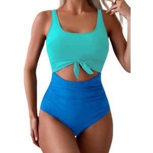Eomenie Women's One Piece Swimsuit Tummy Control Slimming Bathing Suit Cutout Tie Knot Swimwear (Medium, Blue Color Block)