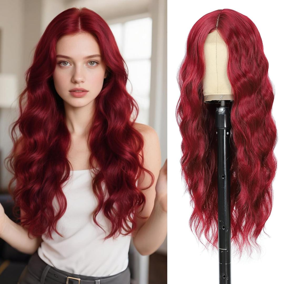 Burgundy Wig 26 Inch Long Wavy Wig for Women - Wine Red Wig Heat Resistant Synthetic Hair Middle Part Curly Wig Natural Look for Daily Party Cosplay Costume Use