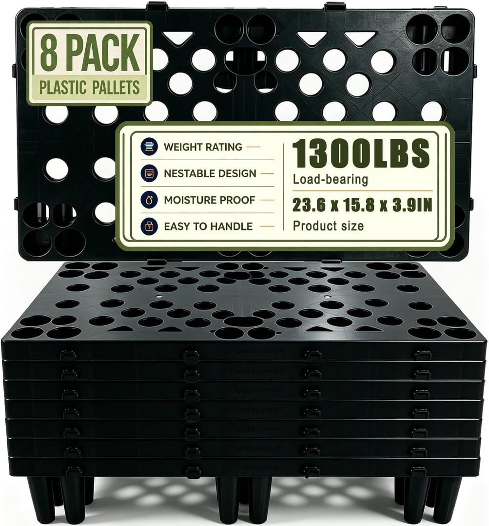8 Pack Nestable Plastic Pallets, Waterproof Moisture Proof Breathable Grid Floor Pallets, Lightweight Interlocking Storage Pads for Basement Warehouse Home Indoor Outdoor, 23.6 x 15.8 x 3.9 Inch Black