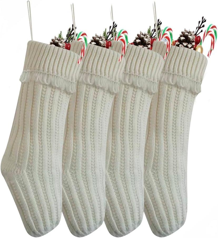 Vanteriam 4 Pack Knit Christmas Stockings, 18 In Large Cable Knitted Xmas Stocking for Holiday Christmas Party Family Dcor, White