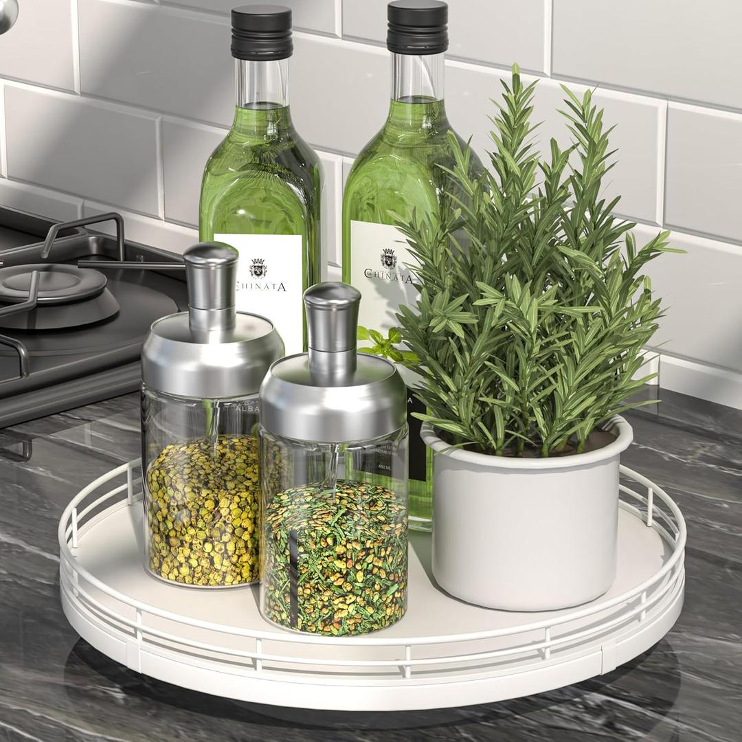 10" Oak Wood Lazy Susan Organizer, Lazy Susan for Cabinet Dining Table Pantry Wood Turntable Organizer Tray for Coffee Table Kitchen Countertop Salt Pepper Spice Organization and Storage Round White