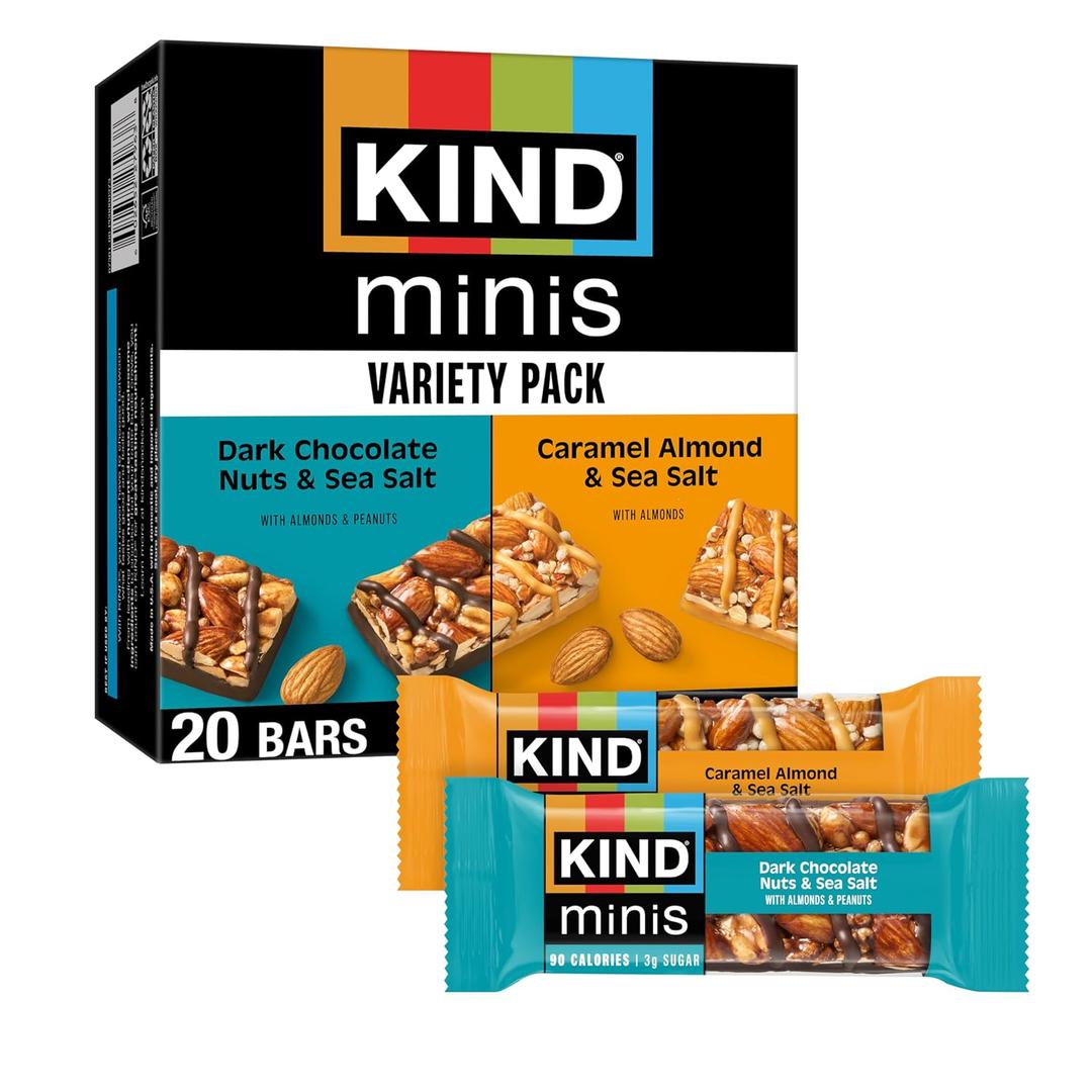 KIND Mini Snack Bars Variety Pack, Gluten Free, Low Sugar, Low Calorie Snacks, Dark Chocolate Nuts & Sea Salt, Caramel Almond & Sea Salt, 20 Count (EXP 08/04/27)